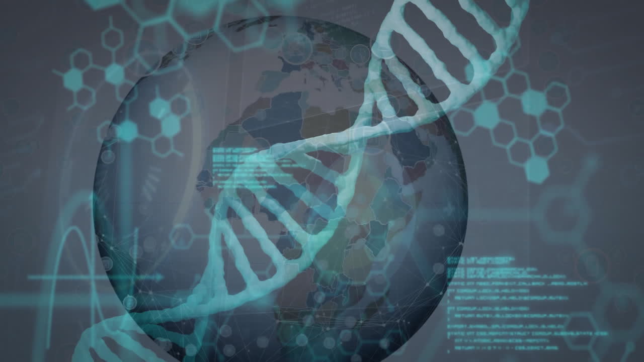 Scientific data processing animation with DNA strand and binary coding elements