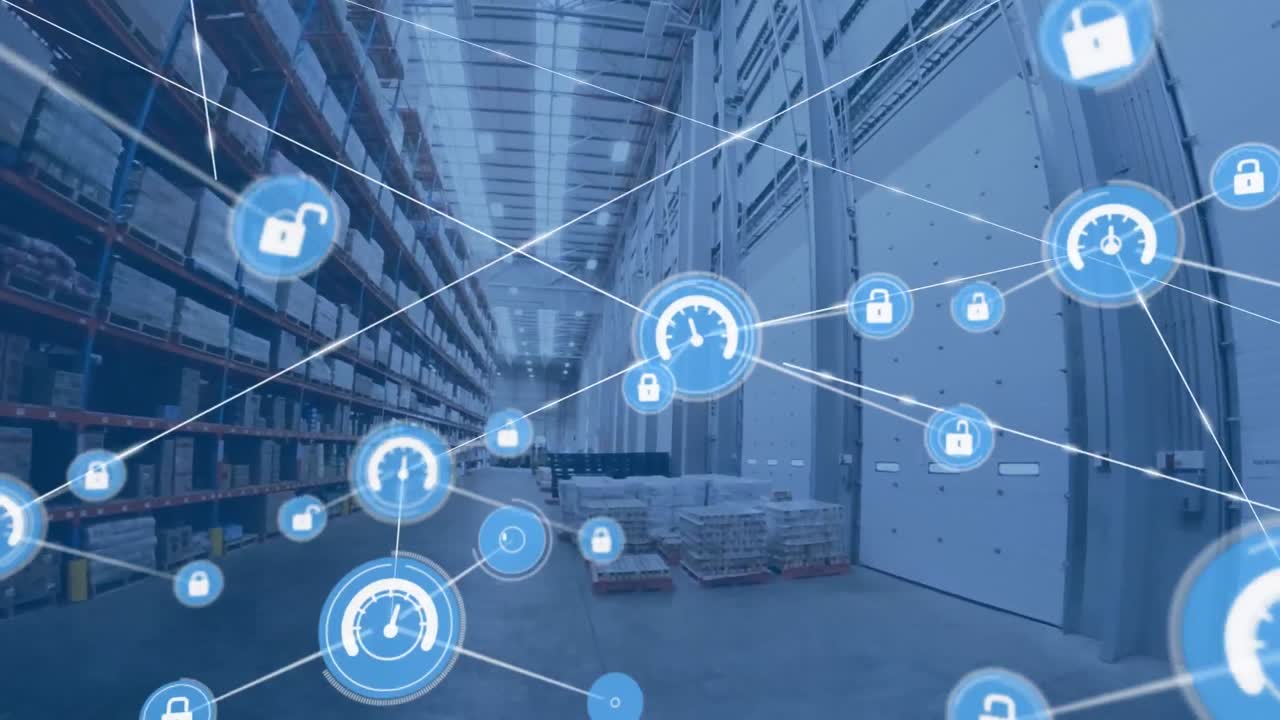 빈 창고 위에 아이콘으로 연결된 네트워크의 애니메이션