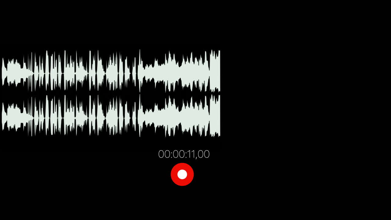 Animated stereo audio waveform recording overlay on black screen