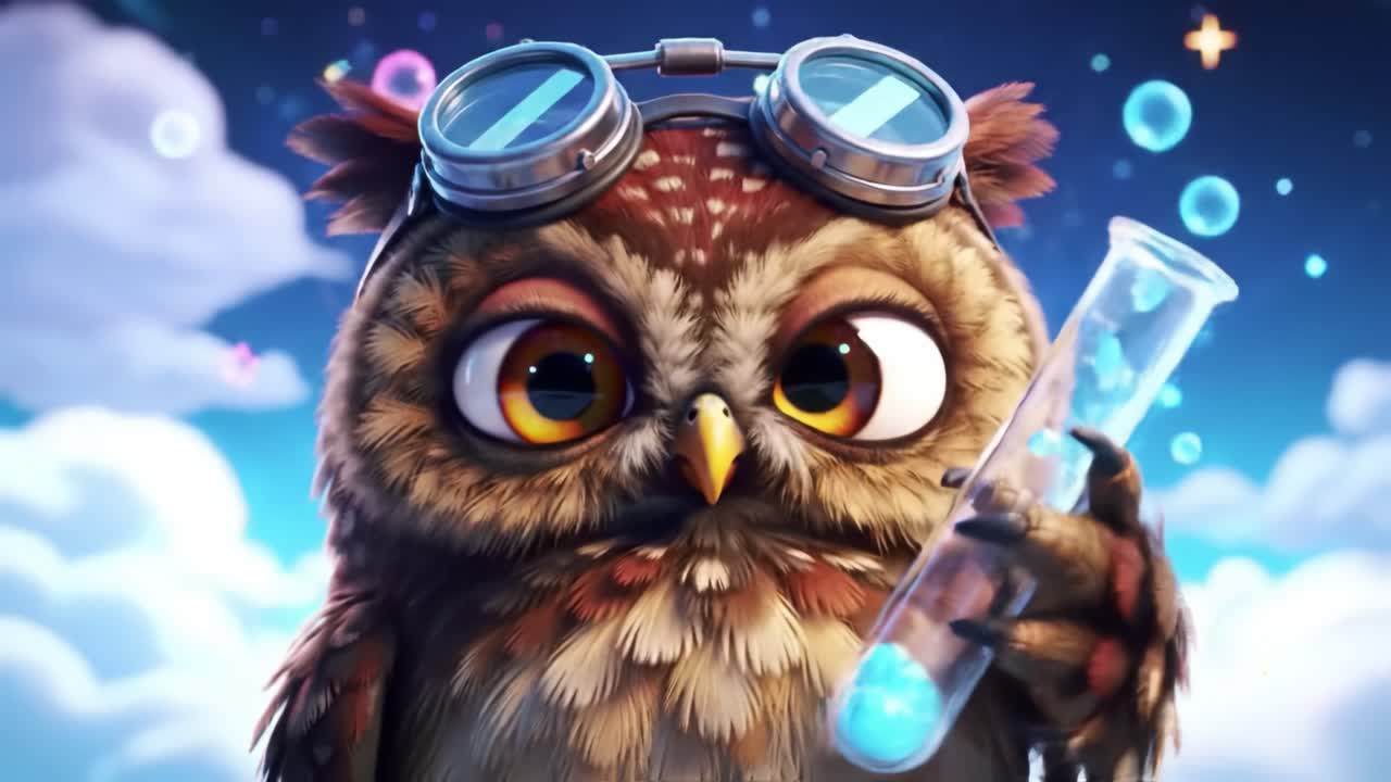 An inquisitive owl character wearing stylish goggles, proudly holding a test tube filled with a glowing blue liquid against a starry sky backdrop, showcases science and curiosity.