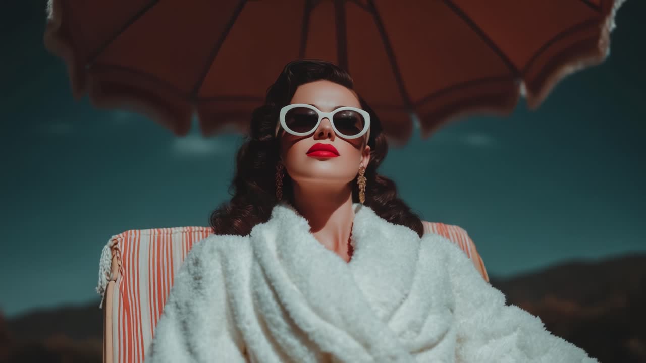 En glamourøs kvinde i en hvid badekåbe og stilfulde solbriller slapper af under en vintage parasol på en solrig dag, mens hun omfavner elegancen ved afslapning ved poolen.
