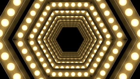 cuadro de caja de bombilla incandescente de túnel forma hexagonal patrón móvil, retro 3d estilo virtual ilustración brillo en fondo oscuro animación de bucle sin costuras 4k, con espacio de copia