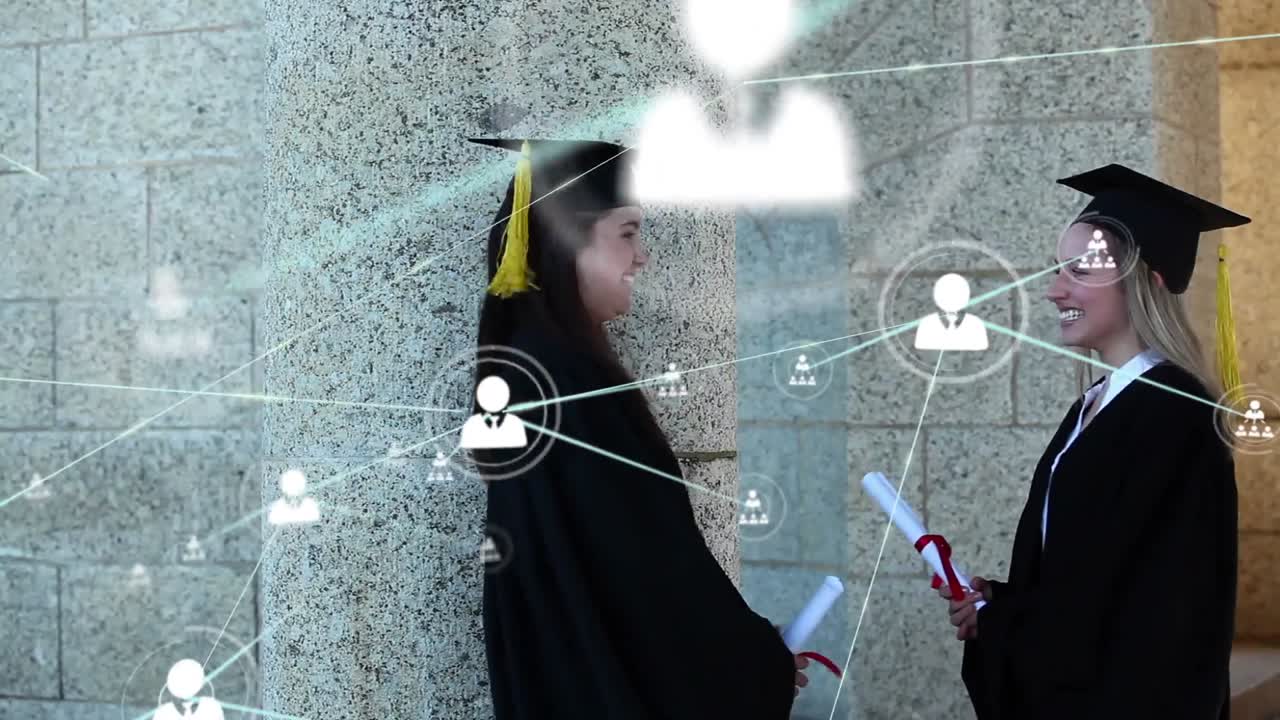 백인 소녀들이 학위를 받은 후 축하하는 모습을 담은 프로필 네트워크의 애니메이션