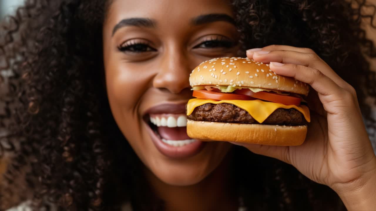 Delightful Moments: A Joyful Woman Enjoying a Delicious Burger with Savory Layers of Cheese, Lettuce, and Tomato, Capturing the Essence of Comfort Food Happiness
