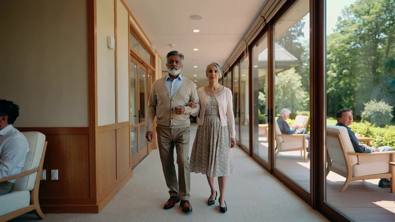 Casal de idosos caminhando pelo corredor de uma casa de repouso para fazer companhia, homem de cardigã, máscara abaixo do queixo.