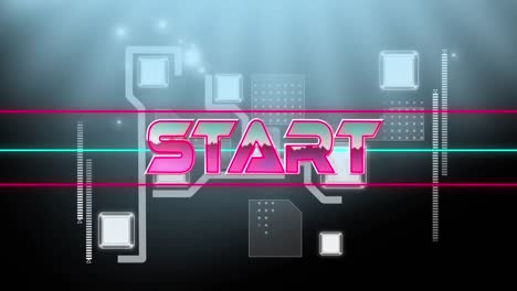 start text over neon banner against digital interface layout on black background