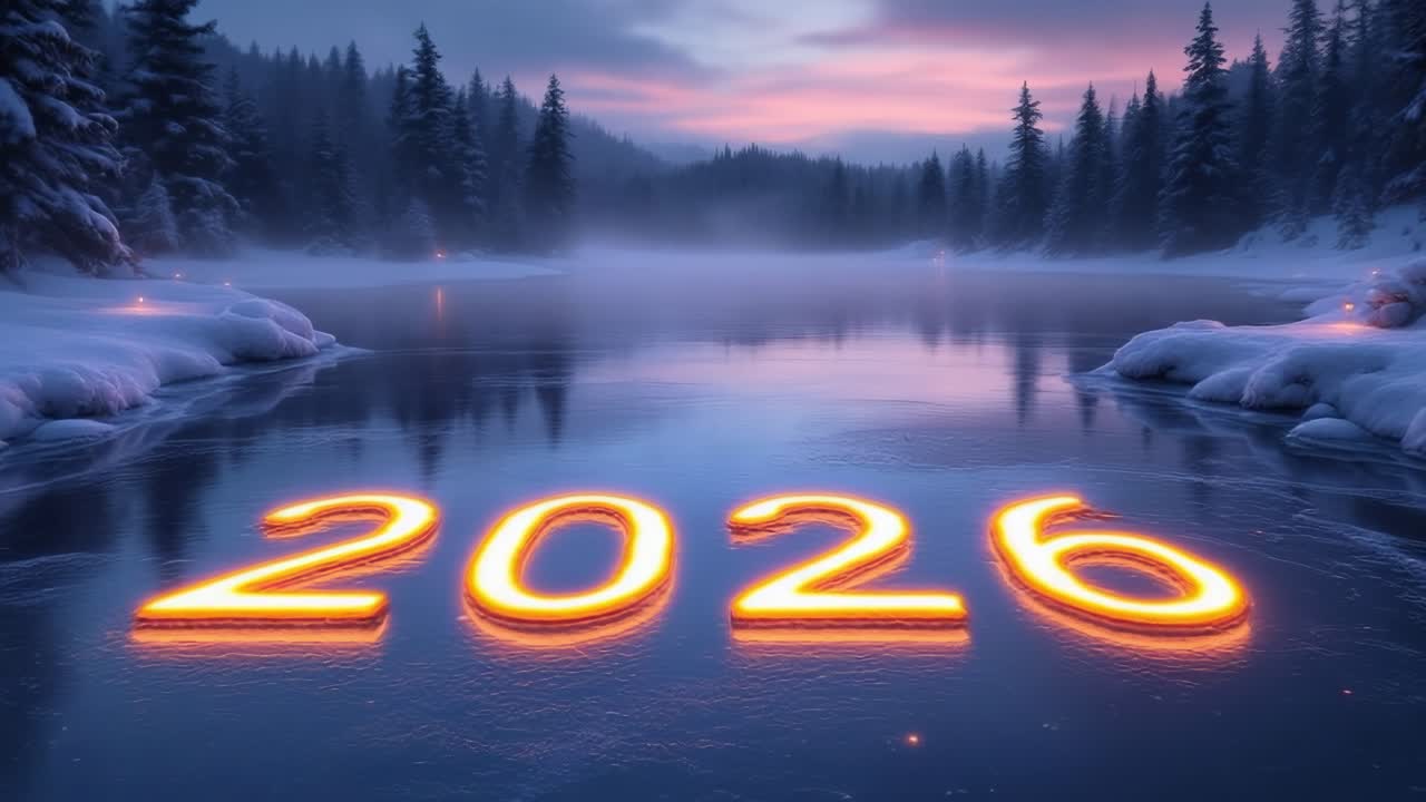 Glowing numbers 2026 floating in frozen lake with snowy winter landscape and colorful sunset in the background