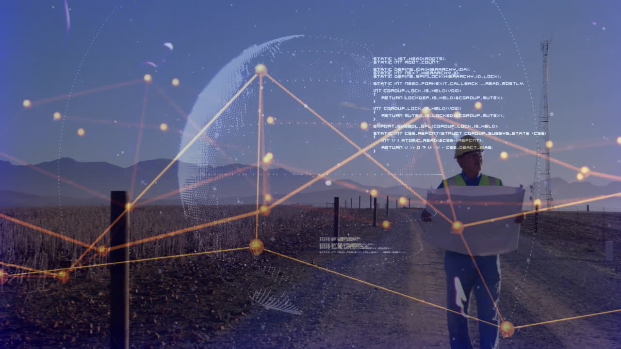 Field engineer in hard hat examining blueprint on rural farm with network technology overlaying