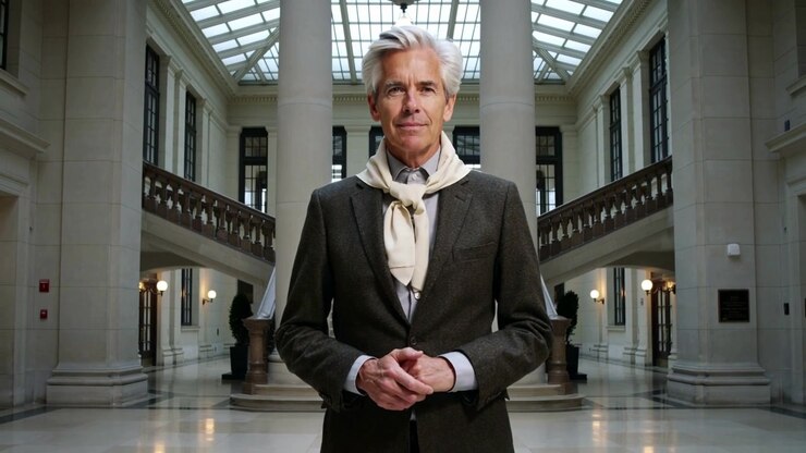 Eldre mann snur seg, går og roterer for å henvende seg til kameraet i et storslått atrium med søyle, iført dress og skjerf.