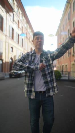 man walking down a city street