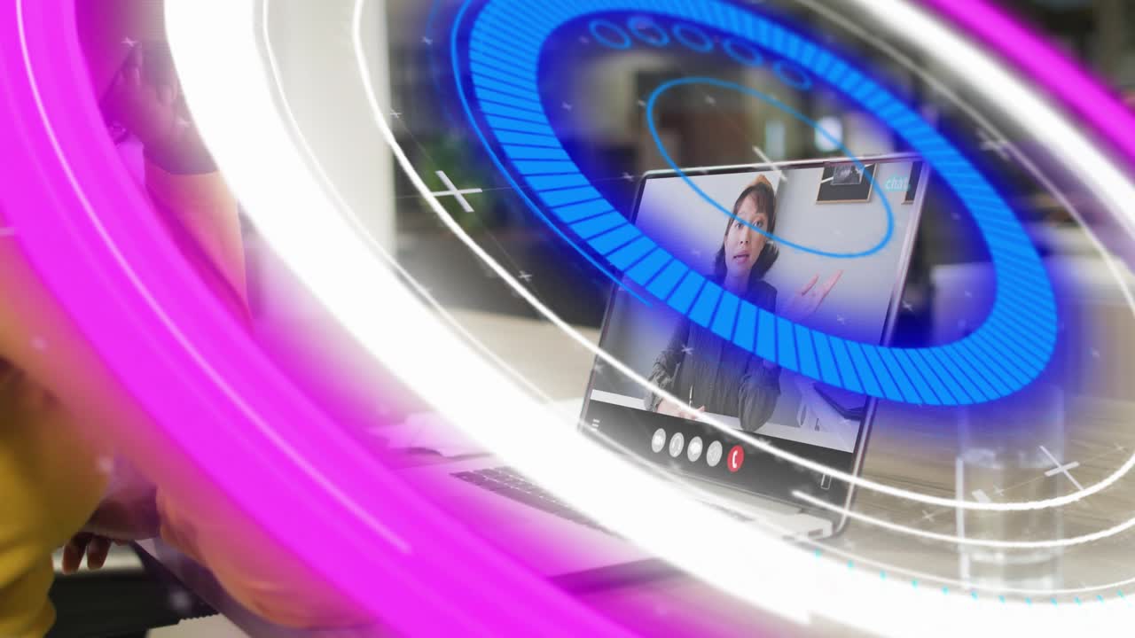 Yellow top woman leaning, listening as rings sweeping laptop causing HUD overlay for business call