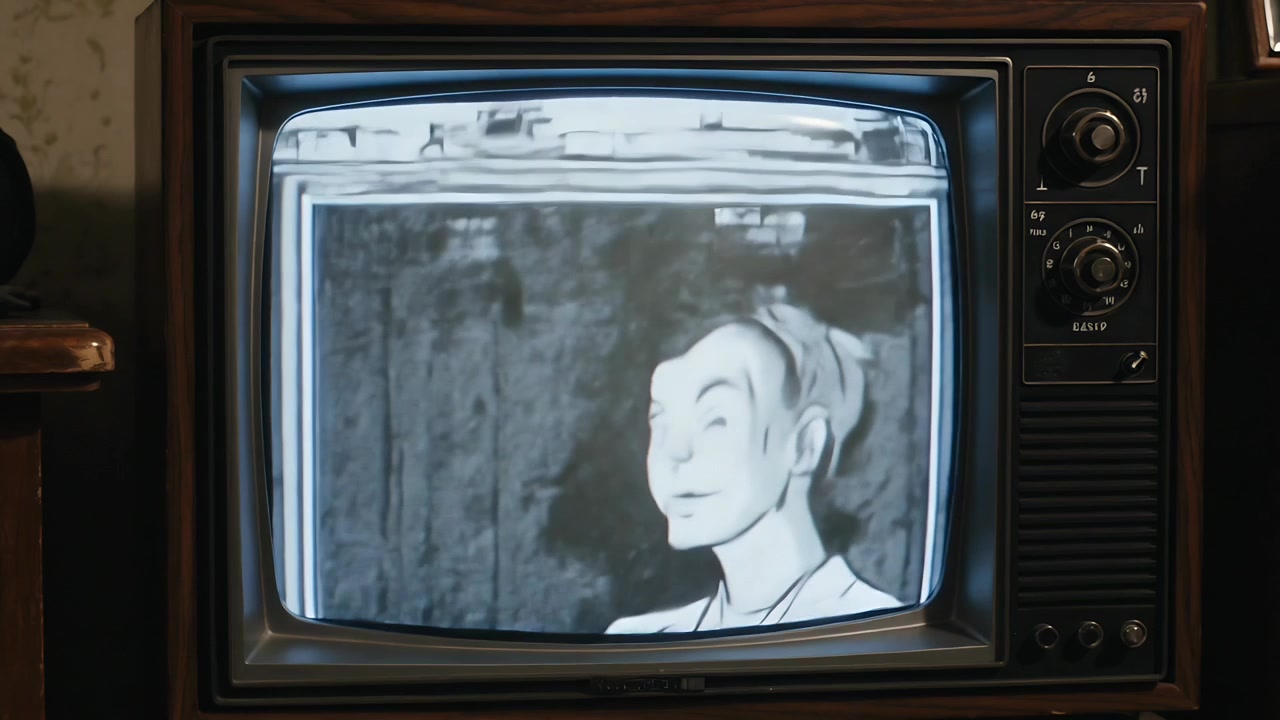 Showing CRT TV washing out cartoon into static after signal causing test line in living-room corner
