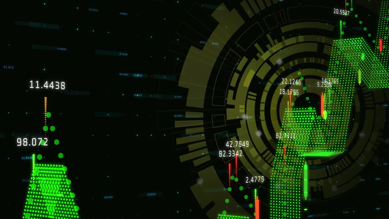 Codici numerici deboli che scintillano e un HUD giallo rotante, mentre un'onda verde e delle barre si alzano, mostrando valori di picco.