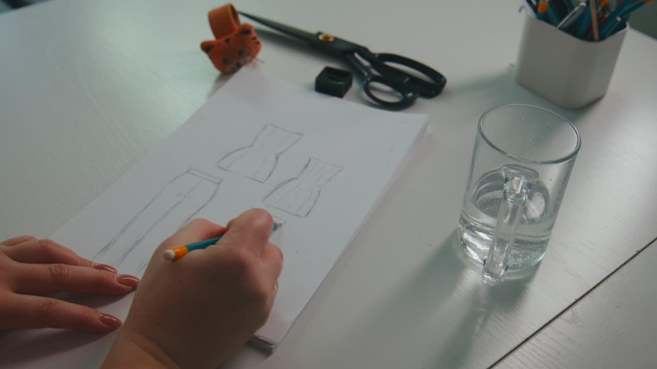 Hand sketches fashion design on white paper. Tools like scissors, pencils, and water glass nearby. Calm focus shows creative process. Perfect for fashion, design, or business presentations