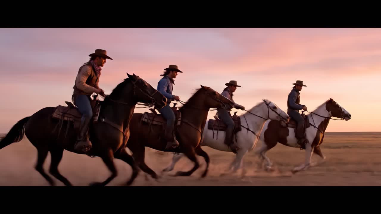 vaqueros montando caballos al atardecer