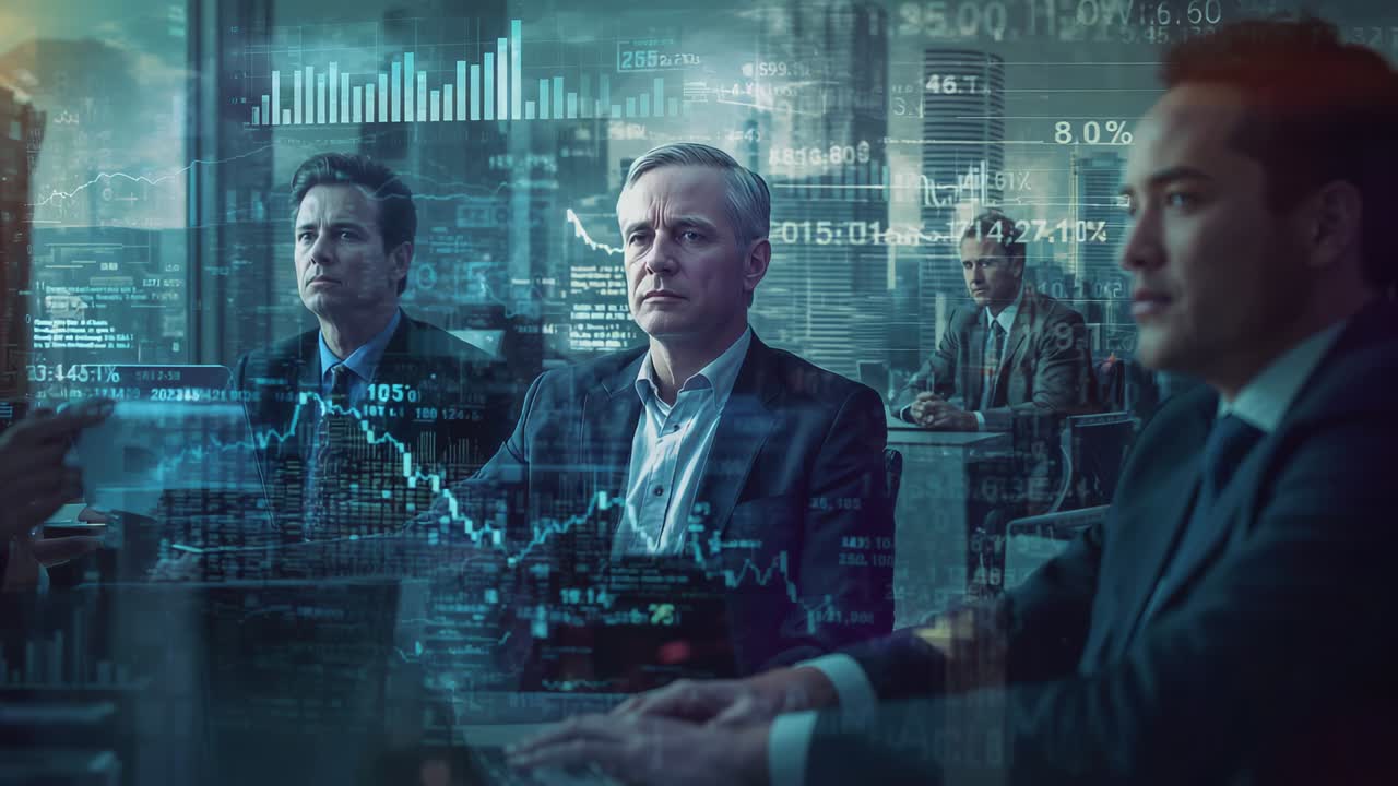 Shifting financial overlays causing four suited men watching market graphs in glass office, laptop