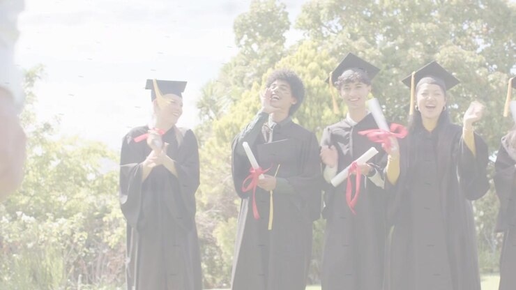 Laureati che applaudono dopo il salto centrale, scatenando applausi, mentre una persona attraversa davanti, alzando i cappelli per la laurea.