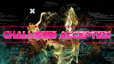 Animation-of-challenge-accepted-text-over-data-processing-and-shapes-on-black-background