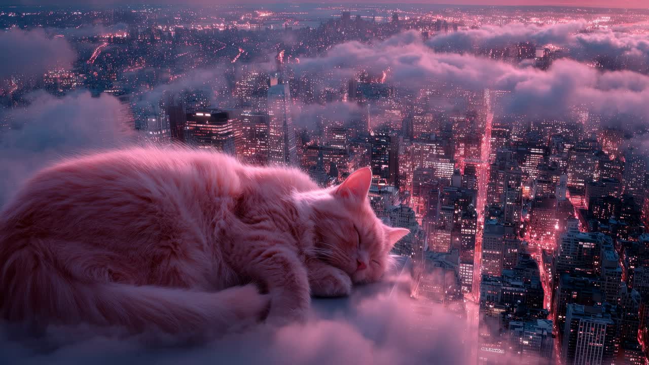 A dreamy cat floating above a beautiful cityscape surrounded by soft billowy clouds