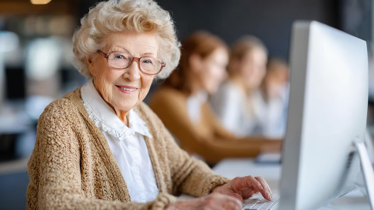 An Engaging Senior Woman Skillfully Navigates Technology, Embracing the Digital Age with Confidence and Joy While Using a Computer in a Collaborative Environment