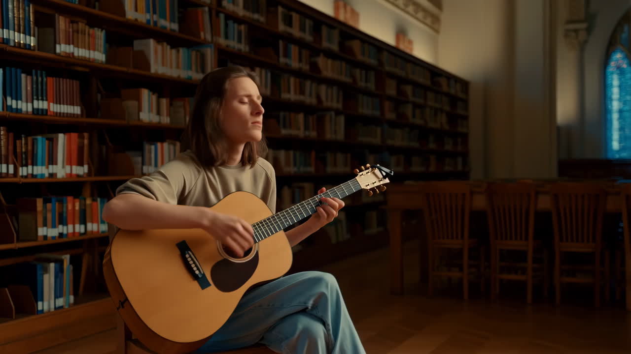 Musician playing acoustic guitar in library