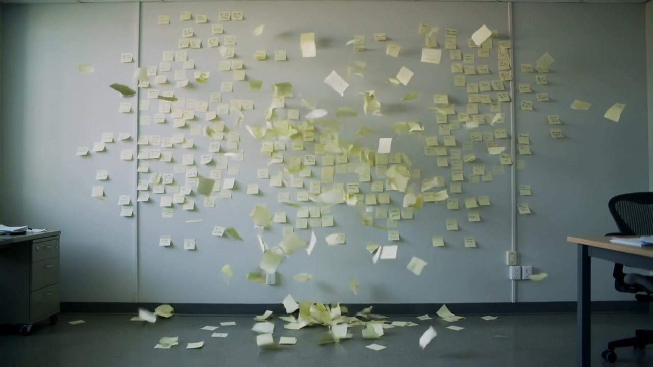Failing adhesive, pale yellow sticky notes detaching from office wall, piling on floor