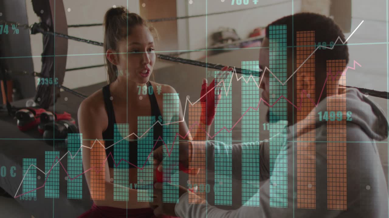 Female boxer placing hand on coach forearm and initiating data overlay with rising training charts