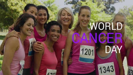 animation of world cancer day over happy diverse sportswomen