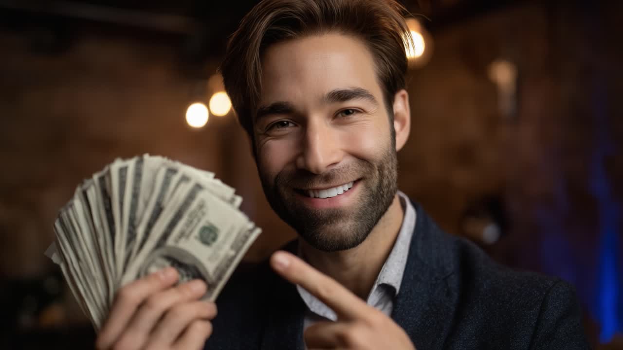 Uomo sicuro di sé che mostra contanti, sorridendo e indicando i soldi in un ambiente interno accogliente e ben illuminato, trasmettendo ricchezza e successo con un aspetto carismatico