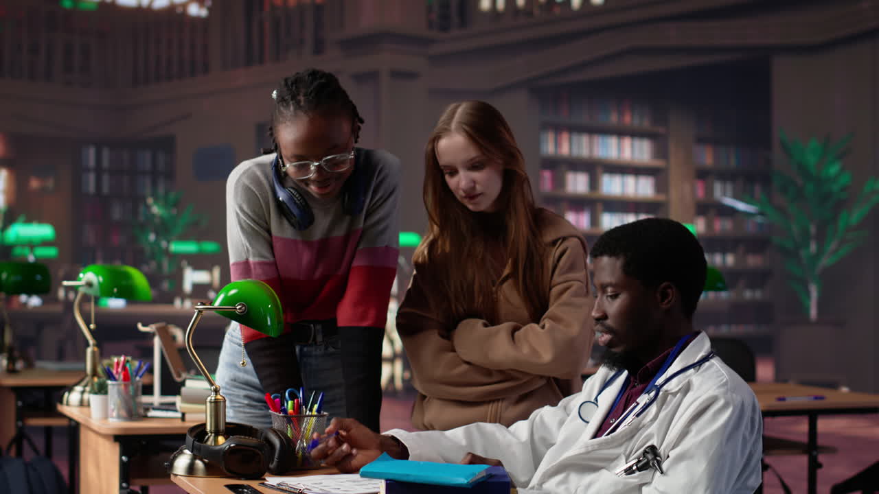 Vertical video multiethnic group of students in a library participate at a lesson with doctor