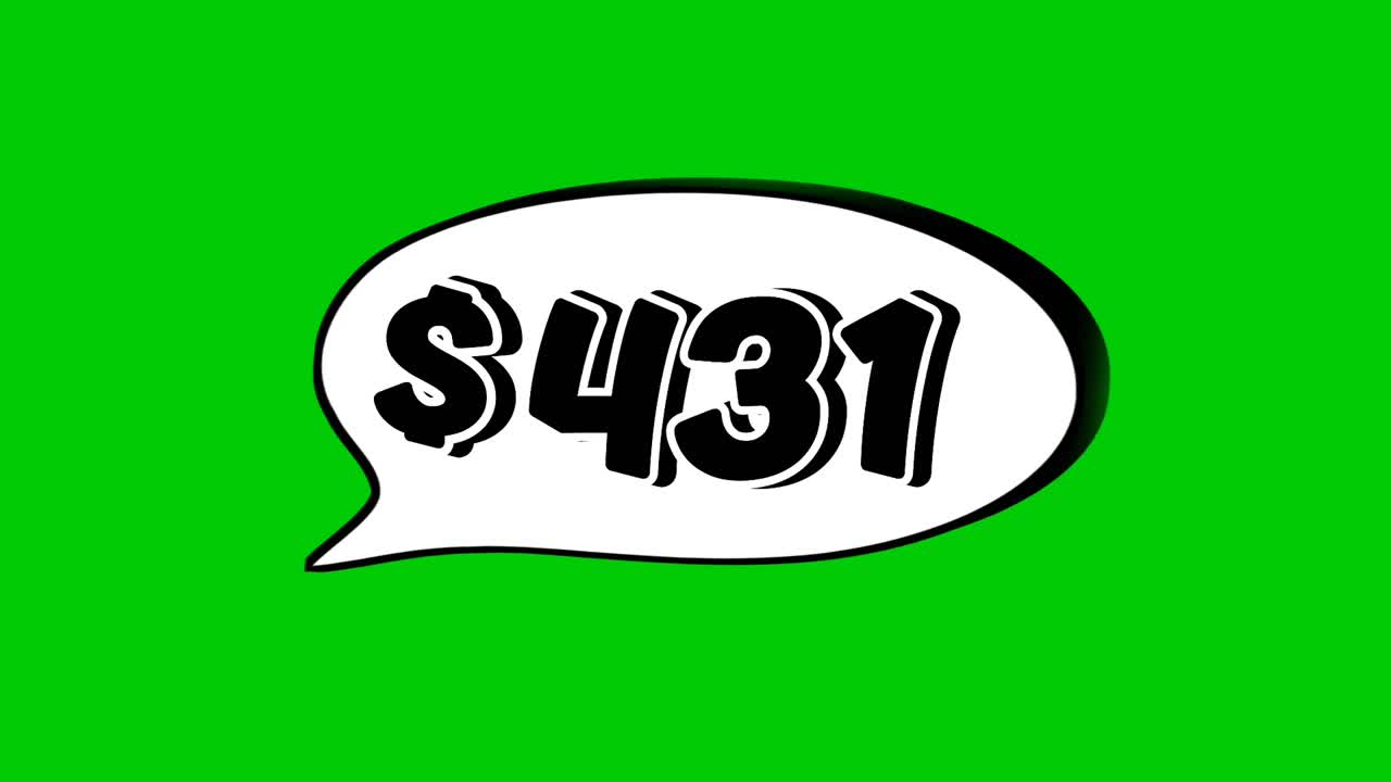 Animation $431 dollar price in a speech bubble green screen. Perfect for sales, ads, or promo videos. Easy to use and customize in your projects video element