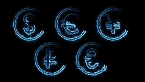 dynamic glow effects of contours of currencies on a black background