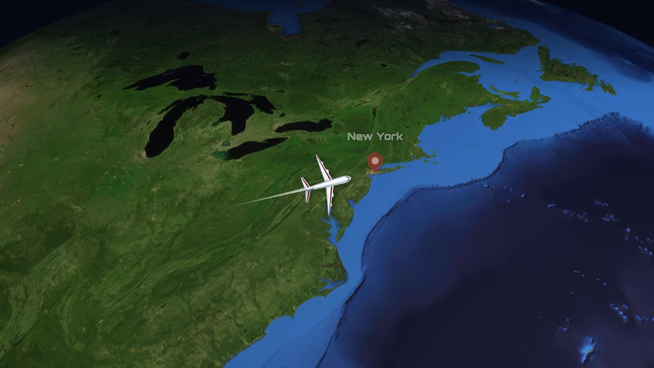 Satellite view animation follows a commercial airplane flying from Dallas to New York City