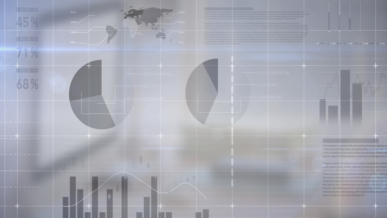 Digital composite video of statistical data processing against computer at office desk
