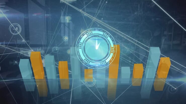 Animation of ticking clock, graphs, network of connections and data processing on blue background