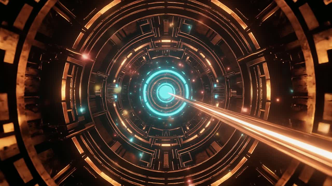 Volando Attraverso un Tunnel Astratto Futuristico con un Fascio di Luce Brillante.