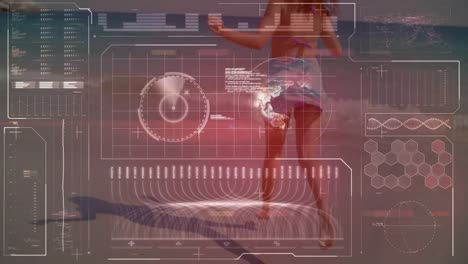 animation of data on digital screen over caucasian woman running on beach