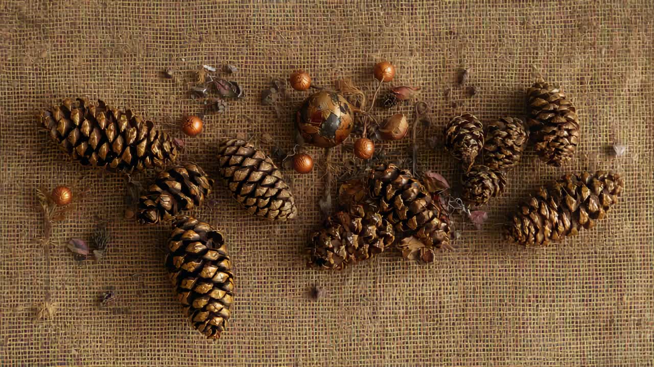 Camera slowly reframing over burlap pine cone cluster with golden beads, patched ornament showing