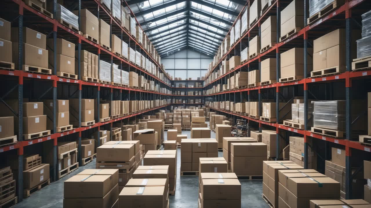 Large Warehouse Filled with Cardboard Boxes on Shelves