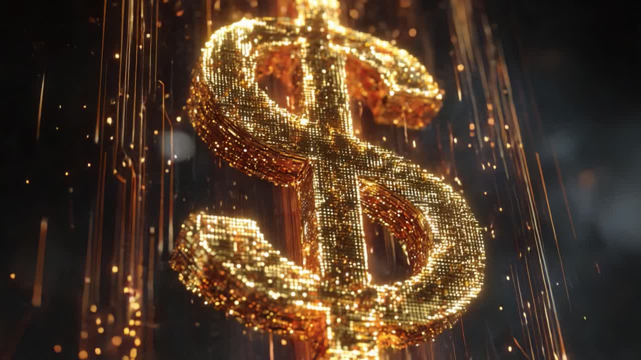 Shiny golden dollar sign rotates slowly against a dark background of flowing digital particles and bokeh, symbolizing wealth, modern finance, investment and digital economy in loopable motion