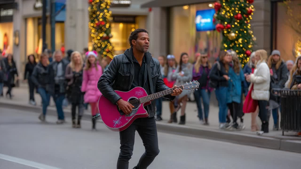 Un musicista appassionato incanta la folla in festa in una vivace via cittadina, suonando la sua chitarra rosa mentre passanti e curiosi si godono l'atmosfera festosa tra le vetrine decorate.