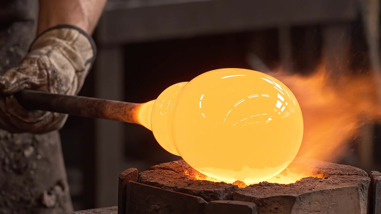 Vetraio artigiano che riscalda una sfera di vetro fuso incandescente