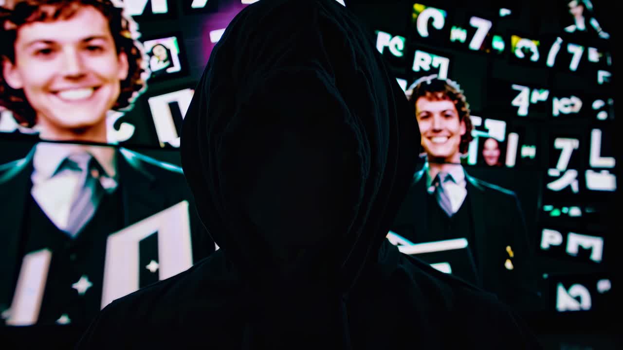 Silhouette of a hooded figure facing a digital explosion on a large screen