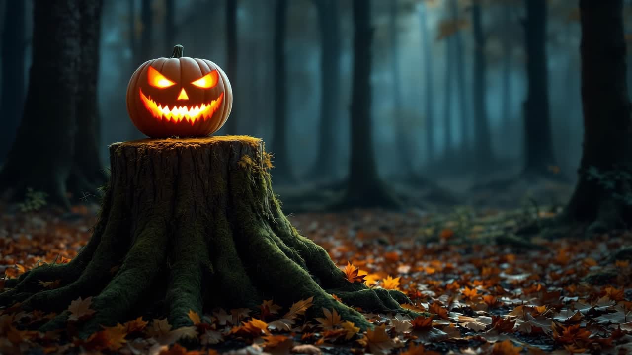 Glowing jack-o'-lantern on a mossy stump surrounded by autumn leaves in a dark forest