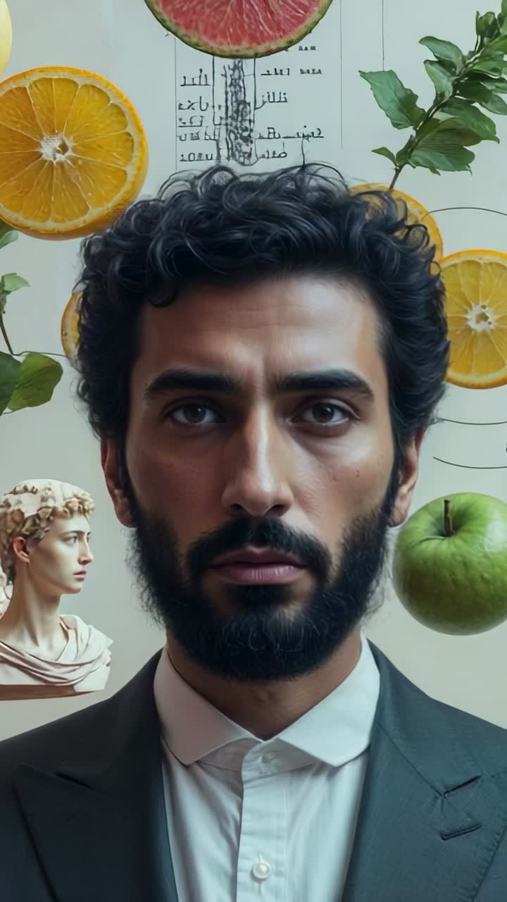 Video verticale: una telecamera inizia a riprendere un uomo in giacca e cravatta che fissa l'obiettivo in studio, con fette di frutta e un busto