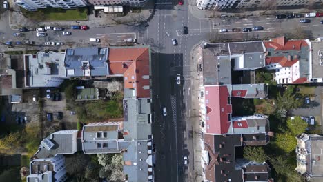 breathtaking aerial top view flight german street in berlin city at cloudy day, district steglitz