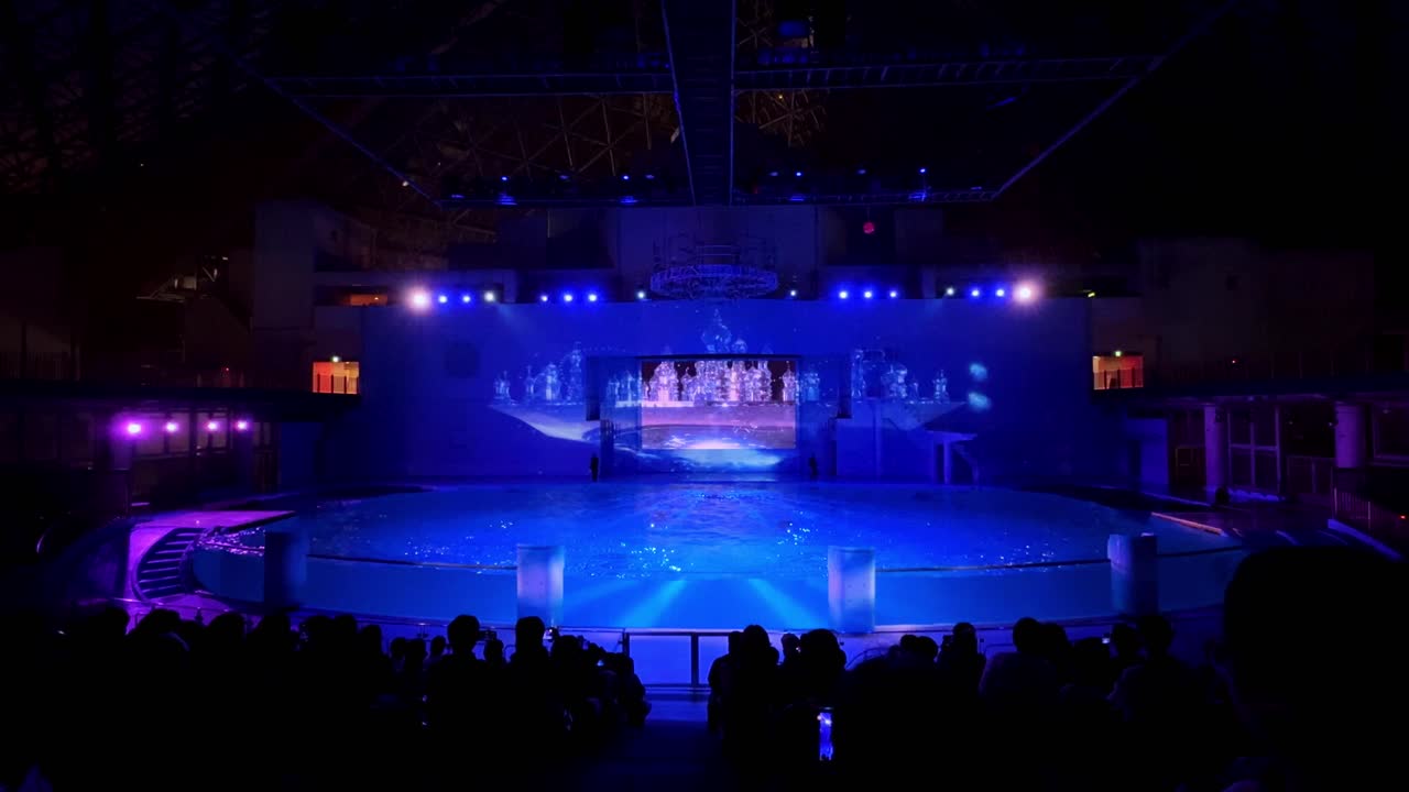 Colorful light show on a large indoor stage in Tokyo with projections and a futuristic atmosphere