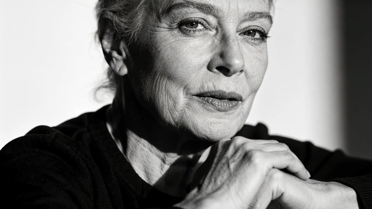 Reagendo all'avvicinamento della telecamera, donna anziana che sposta lo sguardo, inclinando la testa in studio con le mani giunte.