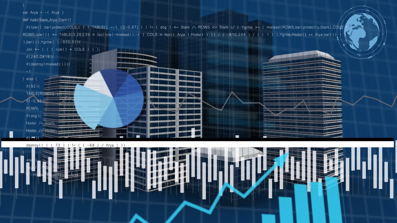 Animation of financial data processing over city