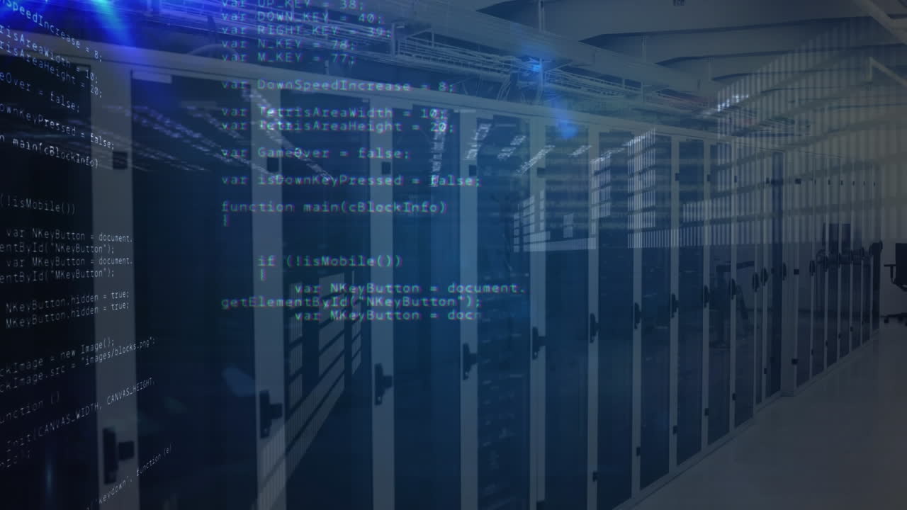 Animation of computer language, graphs and loading bars over lens flares against server room